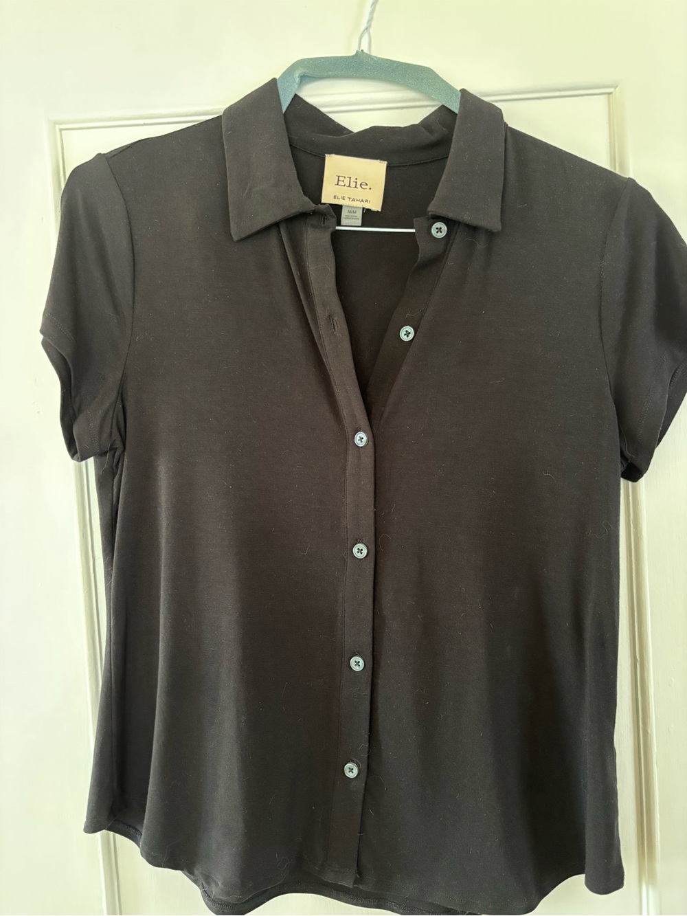 Ellie Tahari Black Short-Sleeve Button Front Polo Top